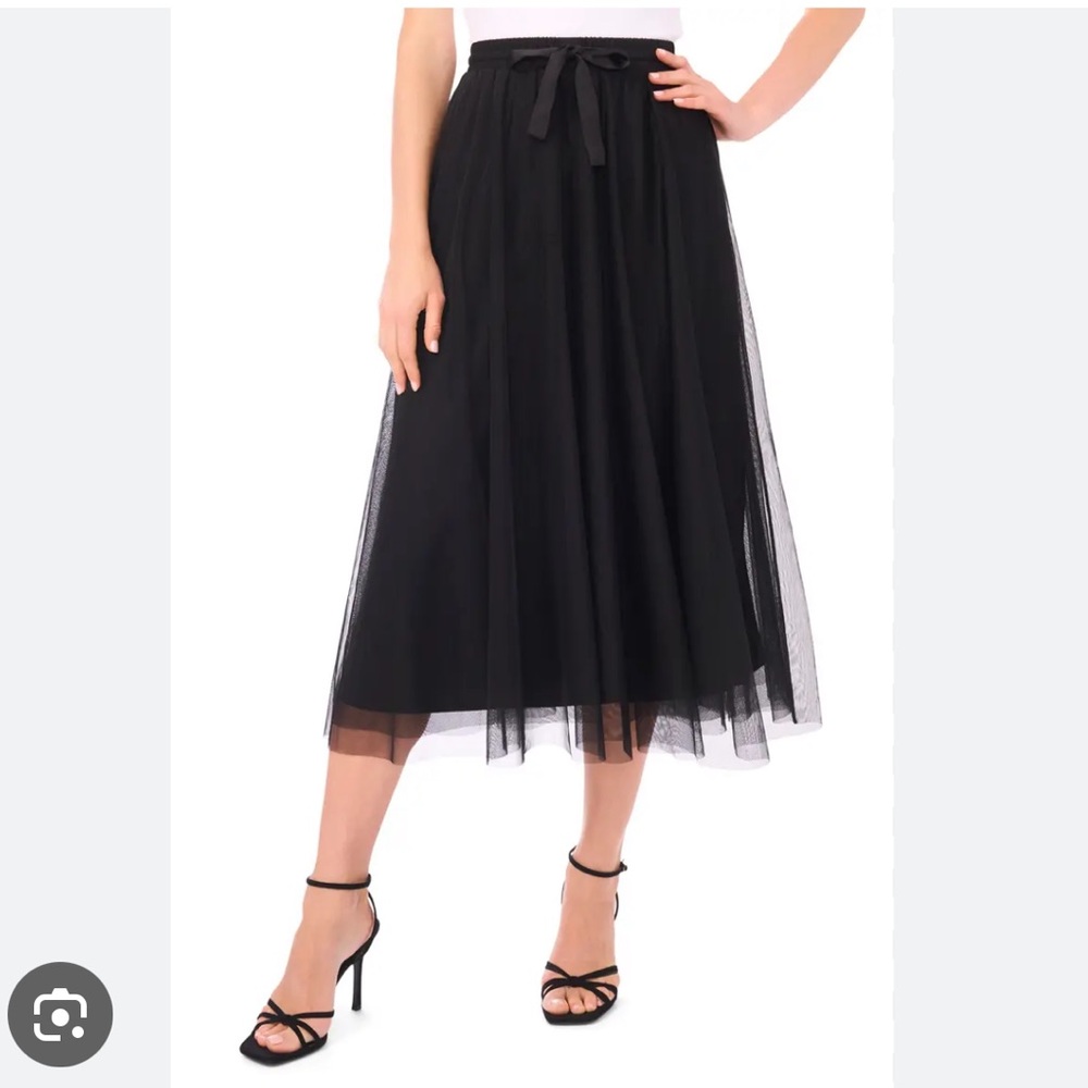 NWT Halogen Black Tulle Midi Skirt with Bow Waist